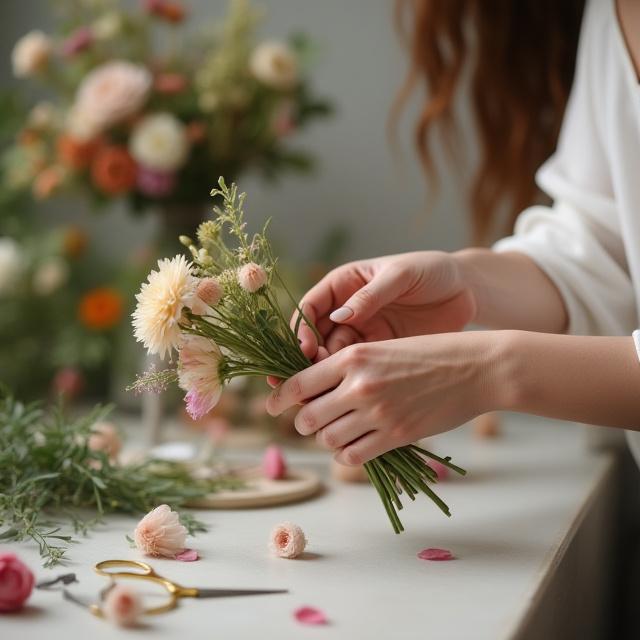 Mani che compongono un piccolo bouquet durante un workshop.